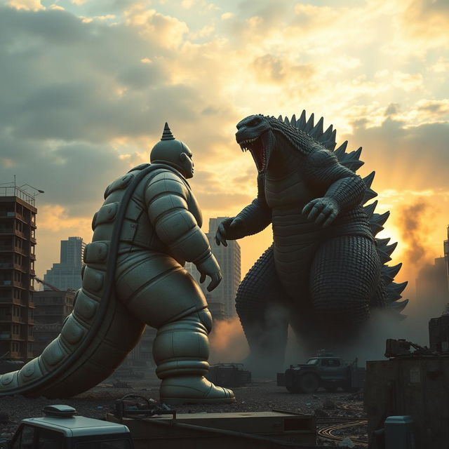 A retro 1960s sci-fi movie scene depicting an epic battle between the Bibendum Michelin Man and Godzilla