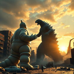 A retro 1960s sci-fi movie scene depicting an epic battle between the Bibendum Michelin Man and Godzilla