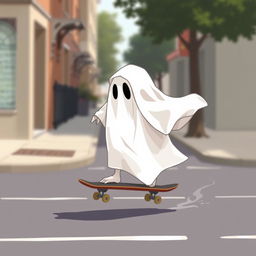 A 2D traditional ghost draped in a classic white sheet, gliding smoothly on a skateboard