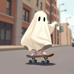 A 2D traditional ghost draped in a classic white sheet, gliding smoothly on a skateboard