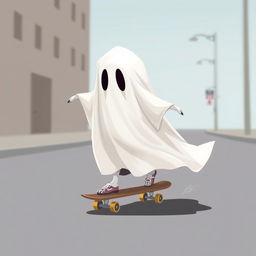 A 2D traditional ghost draped in a classic white sheet, gliding smoothly on a skateboard