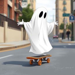 A 2D traditional ghost draped in a classic white sheet, gliding smoothly on a skateboard