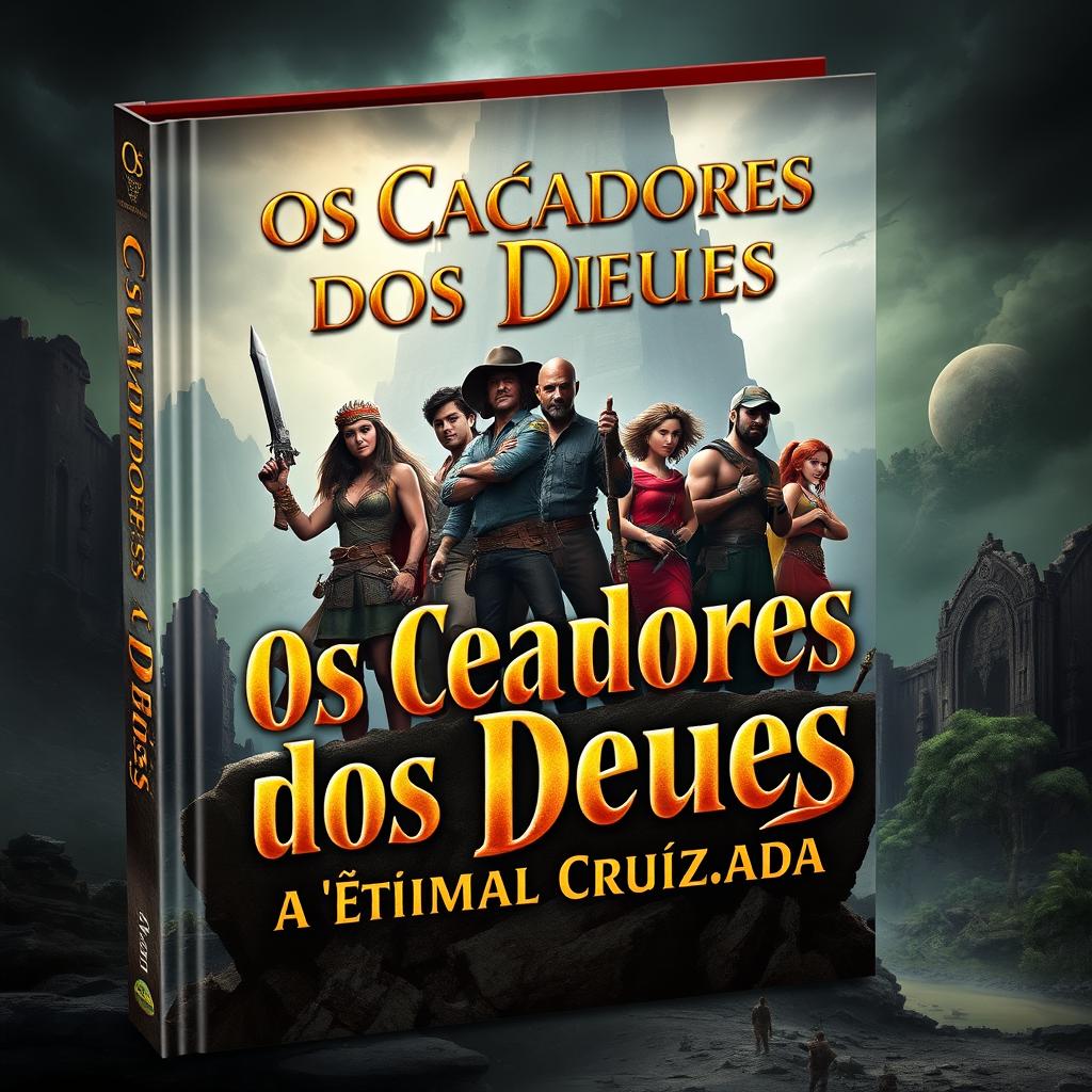 A captivating and adventurous book cover for 'Os Caçadores dos Deuses: A Última Cruzada'