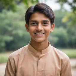 A portrait of a young Indian teenager with a warm smile, exuding positivity. He wears a traditional kurta and his dark eyes are full of dreams and aspirations.