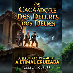 A captivating and adventurous book cover for 'Os Caçadores dos Deuses: A Última Cruzada'