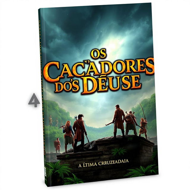 A captivating and adventurous book cover for 'Os Caçadores dos Deuses: A Última Cruzada'