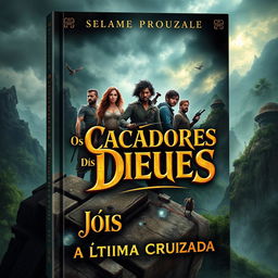 A captivating and adventurous book cover for 'Os Caçadores dos Deuses: A Última Cruzada'