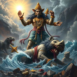 In a triumphant scene following a long and intense battle, the divine boar Waraha, an incarnation of Vishnu, stands victorious over the giant Hiranyaksha