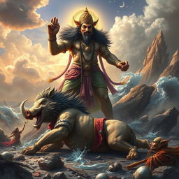 In a triumphant scene following a long and intense battle, the divine boar Waraha, an incarnation of Vishnu, stands victorious over the giant Hiranyaksha