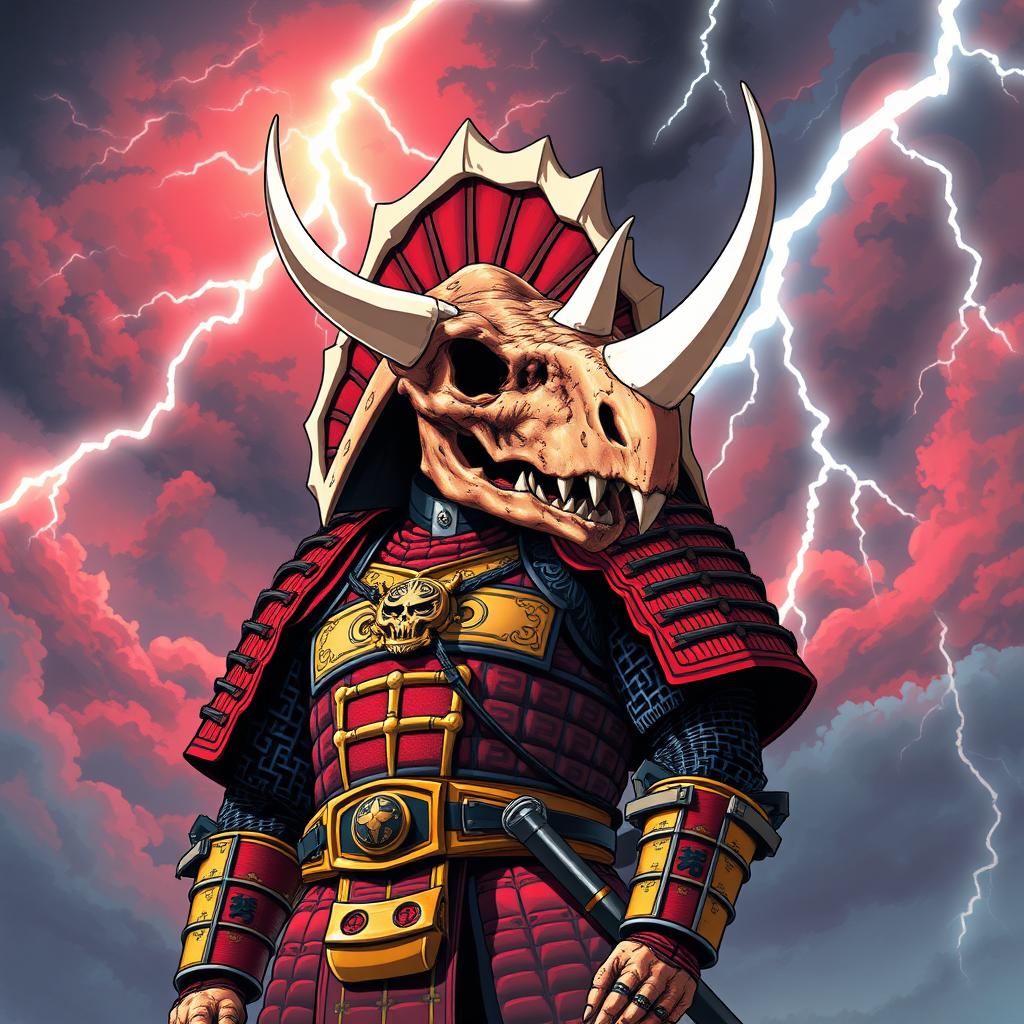 A 1980s anime-style depiction of a formidable shogun warrior wearing a triceratops skull as a helmet