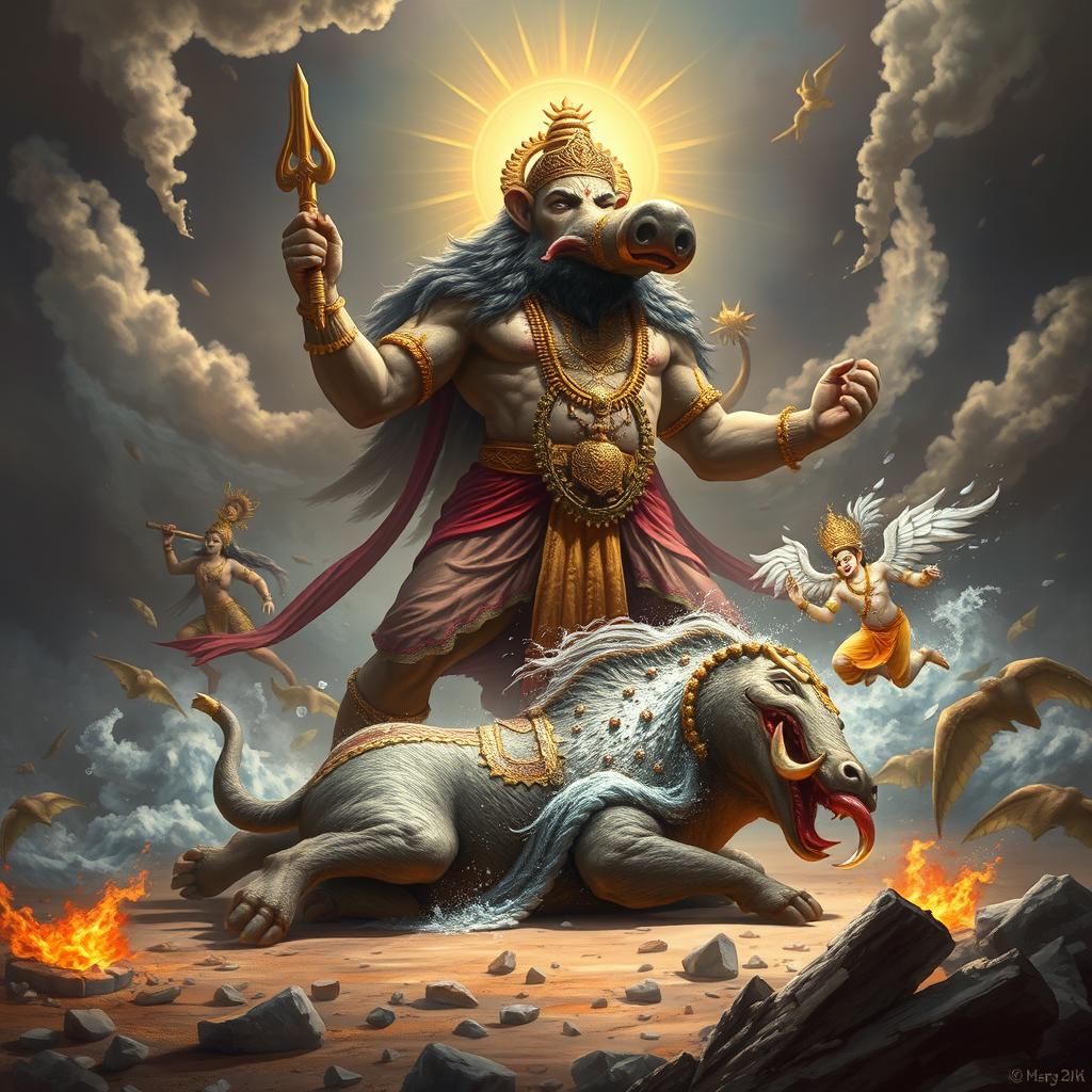 In a triumphant scene following a long and intense battle, the divine boar Waraha, an incarnation of Vishnu, stands victorious over the giant Hiranyaksha