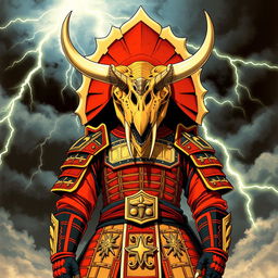 A 1980s anime-style depiction of a formidable shogun warrior wearing a triceratops skull as a helmet