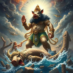 In a triumphant scene following a long and intense battle, the divine boar Waraha, an incarnation of Vishnu, stands victorious over the giant Hiranyaksha