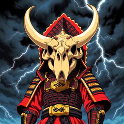 A 1980s anime-style depiction of a formidable shogun warrior wearing a triceratops skull as a helmet