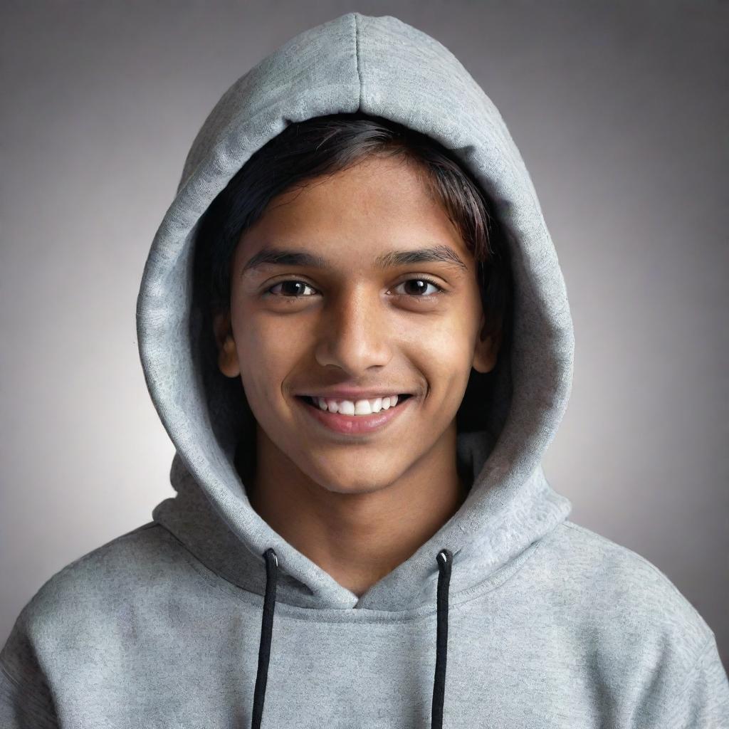 A portrait of a young Indian teenager, now dressed in a trendy hoodie, maintaining the warm smile and dreamful eyes from the initial rendering.