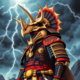 A 1980s anime-style depiction of a formidable shogun warrior wearing a triceratops skull as a helmet