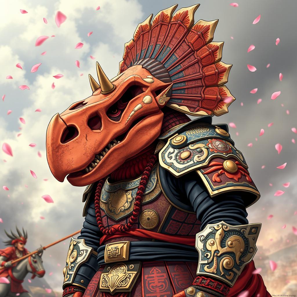 A majestic shogun warrior from the 1980s anime style, wearing an intricate triceratops skull as a helmet