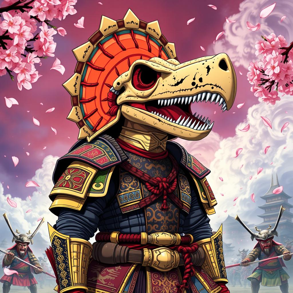 A majestic shogun warrior from the 1980s anime style, wearing an intricate triceratops skull as a helmet