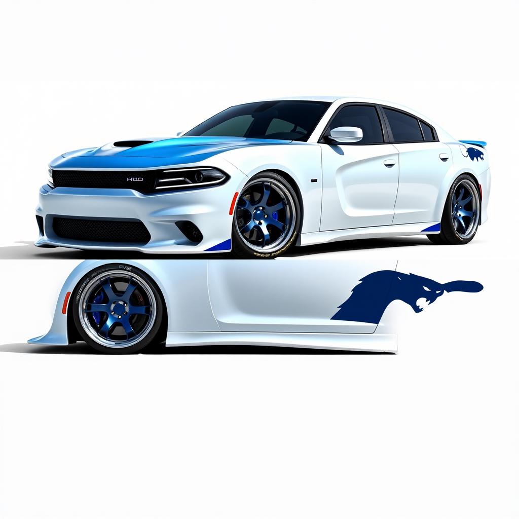 A Charger Hellcat showcasing a stunning white wrap with blue pearlescence, enhanced with a widebody kit for an aggressive stance