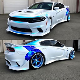 A Charger Hellcat showcasing a stunning white wrap with blue pearlescence, enhanced with a widebody kit for an aggressive stance