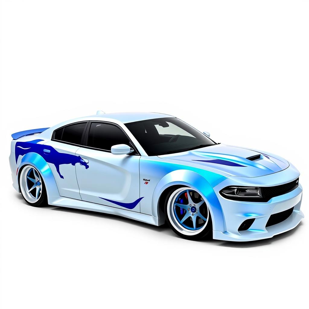 A Charger Hellcat showcasing a stunning white wrap with blue pearlescence, enhanced with a widebody kit for an aggressive stance