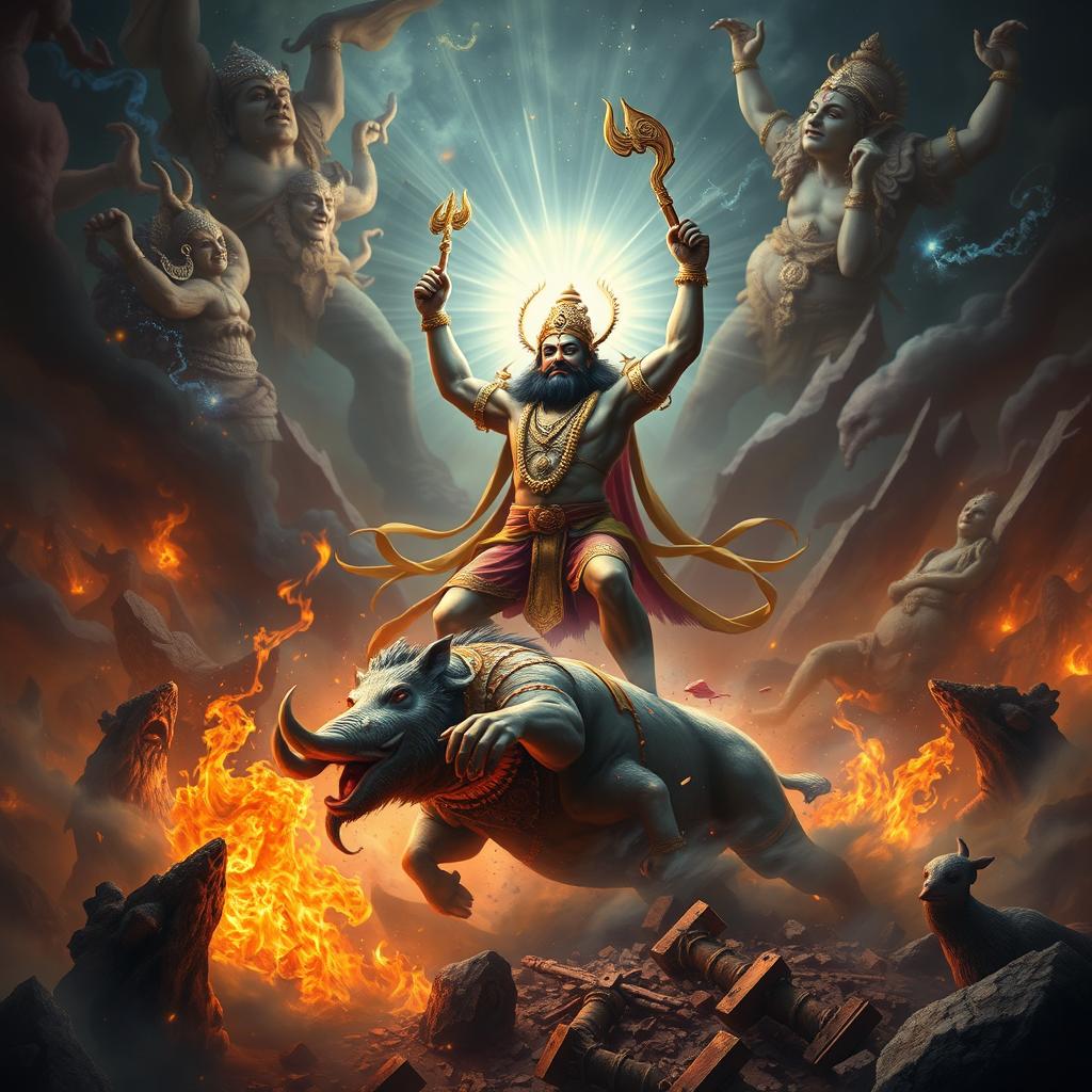 In the dramatic scene of a fierce battle, Waraha, the boar incarnation of Vishnu, stands triumphantly over the defeated giant Hiranyaksha