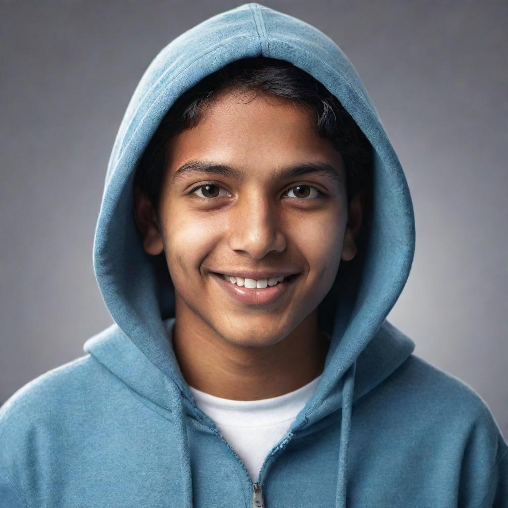 A portrait of a young Indian teenager, now dressed in a trendy hoodie, maintaining the warm smile and dreamful eyes from the initial rendering.