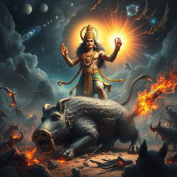 In the dramatic scene of a fierce battle, Waraha, the boar incarnation of Vishnu, stands triumphantly over the defeated giant Hiranyaksha