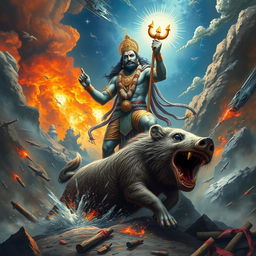 In the dramatic scene of a fierce battle, Waraha, the boar incarnation of Vishnu, stands triumphantly over the defeated giant Hiranyaksha