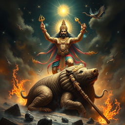 In the dramatic scene of a fierce battle, Waraha, the boar incarnation of Vishnu, stands triumphantly over the defeated giant Hiranyaksha