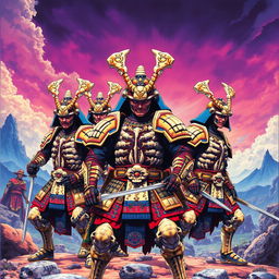 A group of samurai warriors during the 1980s anime era, each wearing intricately crafted armor made from dinosaur fossils