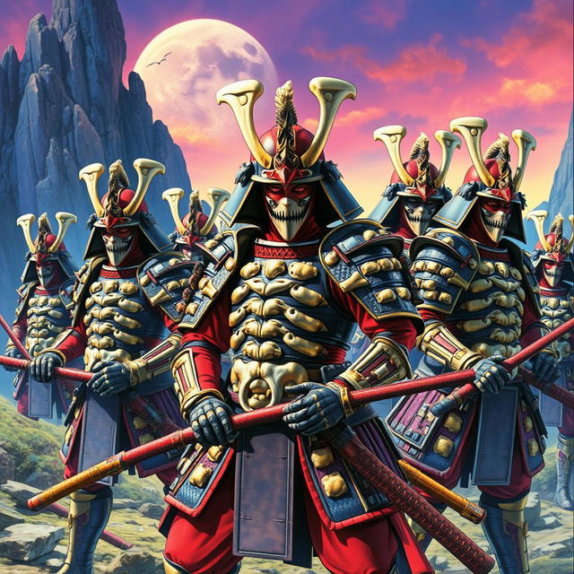 A group of samurai warriors during the 1980s anime era, each wearing intricately crafted armor made from dinosaur fossils