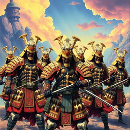 A group of samurai warriors during the 1980s anime era, each wearing intricately crafted armor made from dinosaur fossils