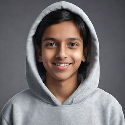 A portrait of a young Indian teenager, now dressed in a trendy hoodie, maintaining the warm smile and dreamful eyes from the initial rendering.