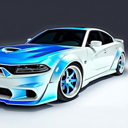 A Charger Hellcat featuring a sleek white wrap with blue pearlescence