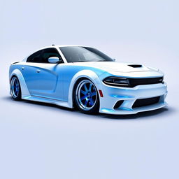 A Charger Hellcat featuring a sleek white wrap with blue pearlescence