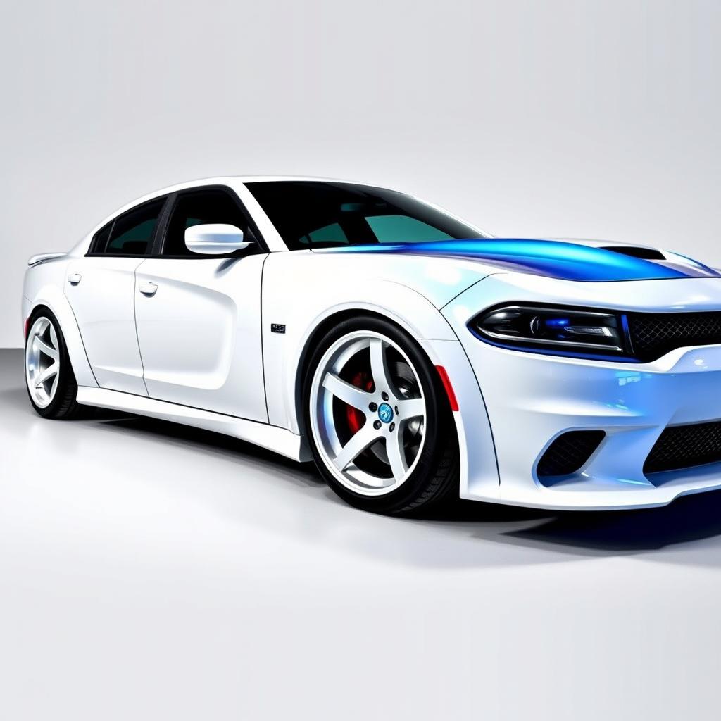 A Charger Hellcat featuring a sleek white wrap with blue pearlescence