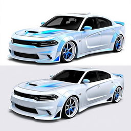 A Charger Hellcat featuring a sleek white wrap with blue pearlescence