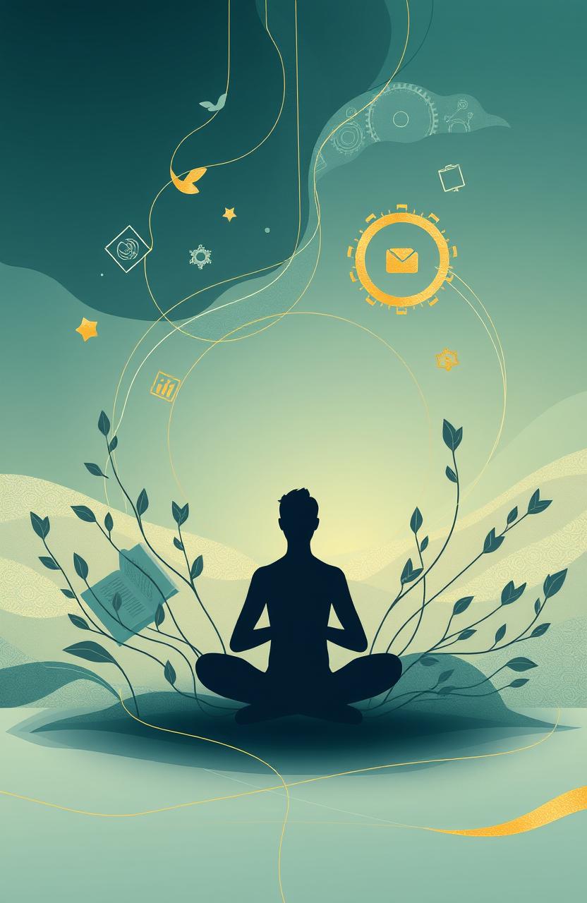 A conceptual art piece depicting the essence of self-discipline, featuring abstract elements such as a determined silhouette meditating in a peaceful environment, surrounded by flowing and harmonious lines representing focus and perseverance