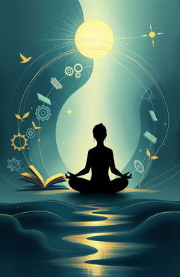 A conceptual art piece depicting the essence of self-discipline, featuring abstract elements such as a determined silhouette meditating in a peaceful environment, surrounded by flowing and harmonious lines representing focus and perseverance