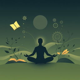 A conceptual art piece depicting the essence of self-discipline, featuring abstract elements such as a determined silhouette meditating in a peaceful environment, surrounded by flowing and harmonious lines representing focus and perseverance