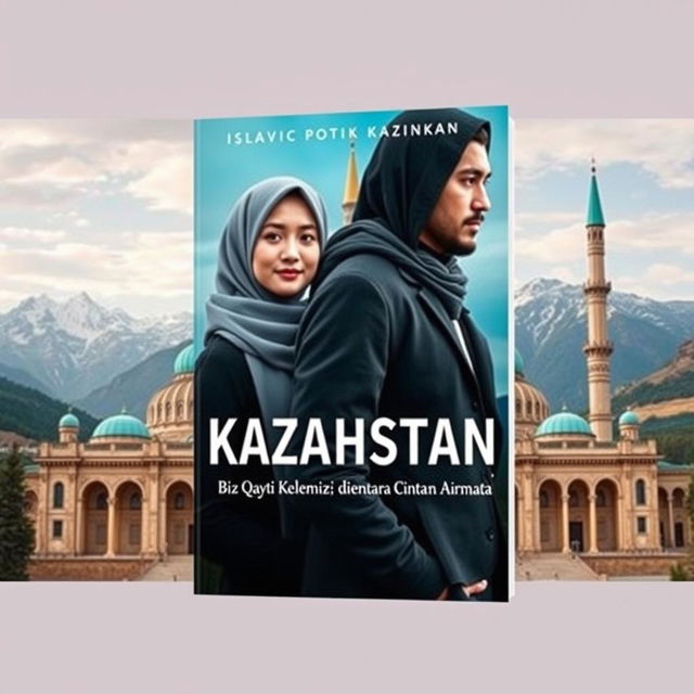 A novel cover for an Islamic adventure romance titled 'KAZAKHSTAN… Biz Qayta Kelemiz! Di Balik Konspirasi; antara Cinta dan Airmata'