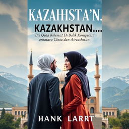 A novel cover for an Islamic adventure romance titled 'KAZAKHSTAN… Biz Qayta Kelemiz! Di Balik Konspirasi; antara Cinta dan Airmata'