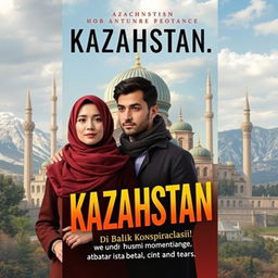 A novel cover for an Islamic adventure romance titled 'KAZAKHSTAN… Biz Qayta Kelemiz! Di Balik Konspirasi; antara Cinta dan Airmata'