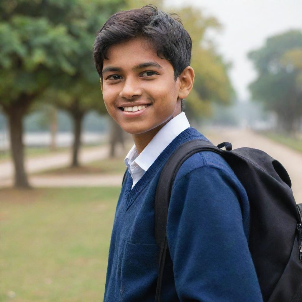 Transform the same young Indian teenager into a high school student. He keeps his warm smile and dreamful eyes but now wears a typical high school uniform with a backpack slung over his shoulder.