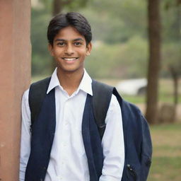 Transform the same young Indian teenager into a high school student. He keeps his warm smile and dreamful eyes but now wears a typical high school uniform with a backpack slung over his shoulder.