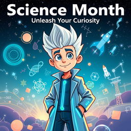 A captivating science month poster featuring Suguru, a curious, energetic character exploring the wonders of science