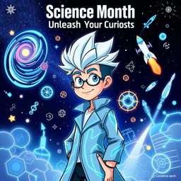 A captivating science month poster featuring Suguru, a curious, energetic character exploring the wonders of science