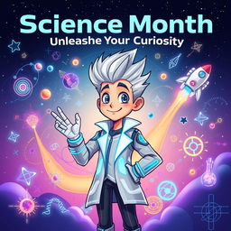 A captivating science month poster featuring Suguru, a curious, energetic character exploring the wonders of science