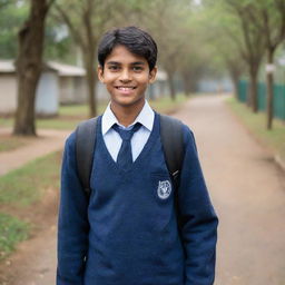 Transform the same young Indian teenager into a high school student. He keeps his warm smile and dreamful eyes but now wears a typical high school uniform with a backpack slung over his shoulder.